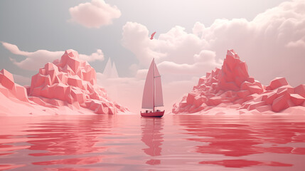 sailing boat on the sea dreamy pink 3d landscape - obrazy, fototapety, plakaty