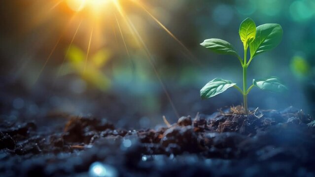 A seedling sprouting from the ground surrounded by beams of light signifying how our intentions and actions can manifest and shape our surroundings.