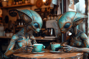Two extraterrestrial aliens chatting having coffee in a coffee shop.