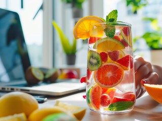 A person sipping on a refreshing fruit-infused water while working at their desk
