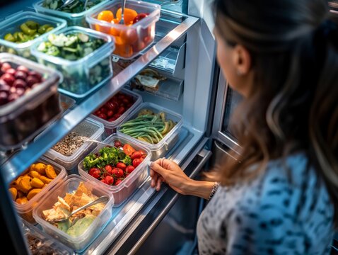 A woman meal prepping for the week, organizing portioned containers of food in the fridge