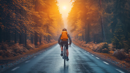 Athletes cycling on a forest road. Evening sunlight on the road ahead. - obrazy, fototapety, plakaty