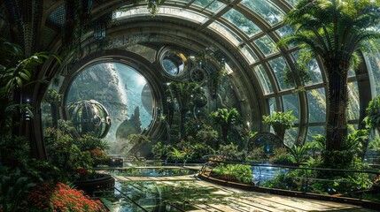 Futuristic Botanical Garden with Lush Greenery in a Space Station Observatory