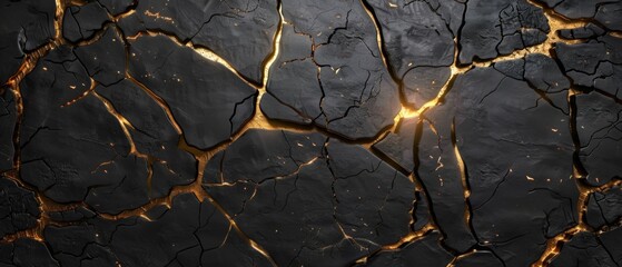 Abstract dark black cracked stone concrete wall or floor texture with golden background with cracks, damaged old dark 3d illustration backdrop design pattern
