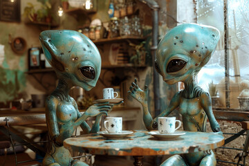 Two extraterrestrial aliens chatting having coffee in a coffee shop.
