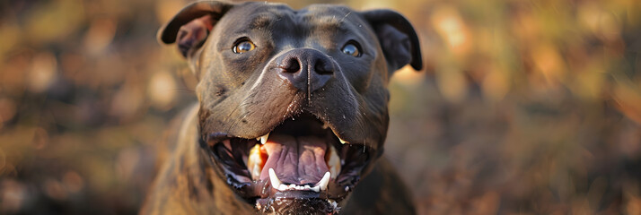 verry aggressive pit bull bares its teeth and wants to attack with squinted aggresive eyes - obrazy, fototapety, plakaty