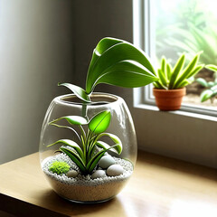 Minimalist terrarium sitting on a sunlit windowsil. - 774025147