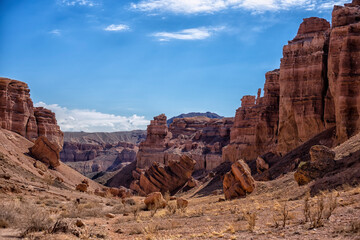 The huge Charyn Canyon in the desert of Kazakhstan. On the left and right there are tall beautiful...