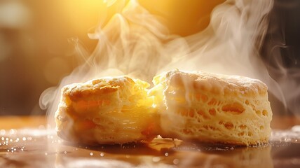 Freshly baked biscuits on a warm surface with steam rising in golden light
