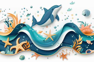 Vector illustration of dolphin ocean day background concept isolated on white background 