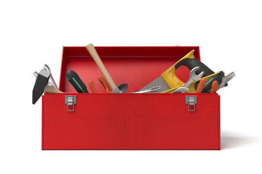 Red toolbox with various tools on white background