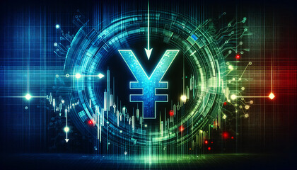 Yen Symbol and Declining Graph on Digital Background