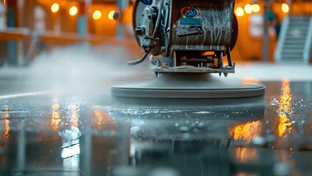A concrete surface polisher before applying epoxy or polyurethane and epoxy floors using a high-speed floor polisher or surface cleaning machine in a factory.	