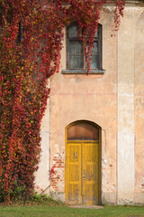Fototapeta na wymiar Front of aged house with cracked wall, autumn vibes
