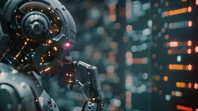 A robot appearance with complex algorithms and code displayed on screen overlaid with circuitry patterns with machine learning evolution from basic algorithms to advanced computers.	