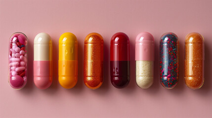 Various colorful tablets on a blank pink background
