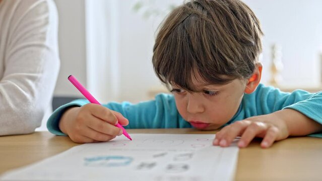 Little Boy Learning To Write Letters Circles Around Illustration With Pen