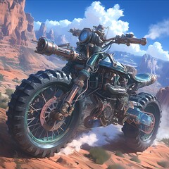 Embark on a thrilling steampunk journey with a rugged dirt bike designed for off-road adventures.