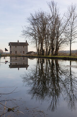 maison éclusière le long du  canal entre Champagne et Bourgogne anciennement canal de la Marne à la Saône, reflet dans l'eau