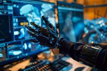 Bionic prosthetic arm on a computer background - obrazy, fototapety, plakaty