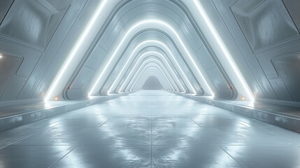 Empty futuristic hallway, long light shining corridor. White tunnel with light