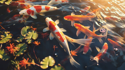 Koi fish in the pond water background