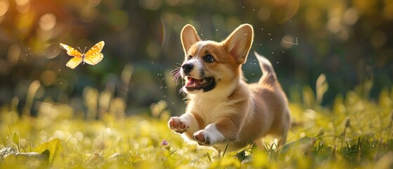 cute little red-haired Corgi puppy runs around the green meadow and fun trying to catch a flying...
