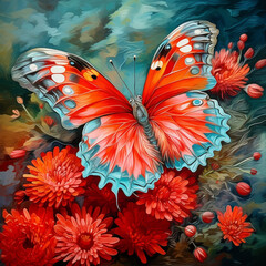 abstract artistic background with bright red peacock butterfly on chrysanthemum flowers, in oil paint type design - 774027340
