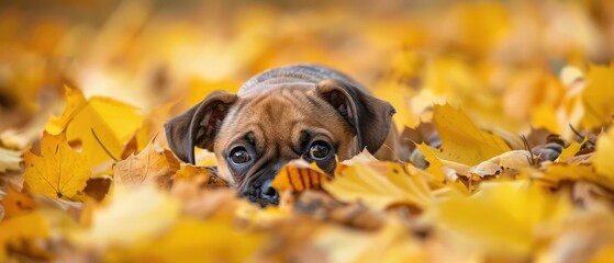 dog puppy lies in yellow autumn leaves