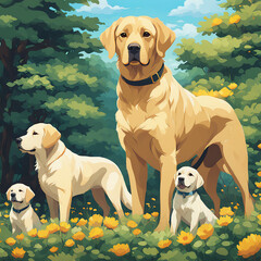 A retriever family in the forest