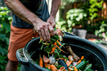 A man is making compost from kitchen leftovers 