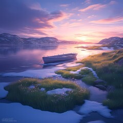Breathtaking view of a Scandinavian fjord awash with vibrant colors during spring. Experience the serene beauty of nature in this captivating image. - obrazy, fototapety, plakaty