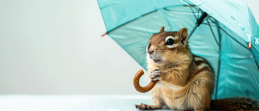 Funny chipmunk with umbrella on white, weather concept