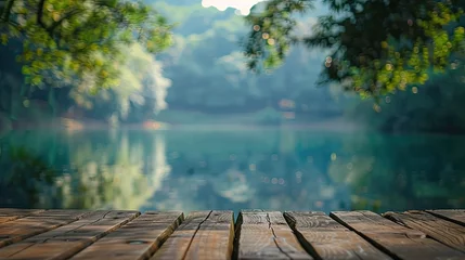 Zelfklevend Fotobehang Wooden pier and lake with bokeh in the morning. © tnihousestudio