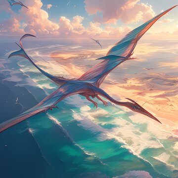 Epic scene captures majestic Quetzalcoatlus soaring above a tranquil coastline