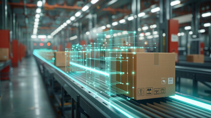 Warehouse management, Conveyor belt in a modern warehouse featuring cardboard boxes with digital overlays indicating smart logistics technology. The facility is well-lit with a futuristic atmosphere.