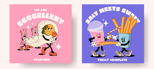 Set of fast food retro posters or cards with walking funny cute comic characters 60s-70s. Lettering illustration for t-shirt print. Mascots for restaurant. egg and bacon, milk shake and fries