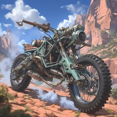 Experience the thrill of a lifetime with this steampunk dirt bike designed for rugged adventures. Its unique design and powerful engine make it perfect for any off-road journey.