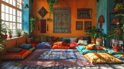 A cozy bohemian-style living room filled with colorful cushions and throw pillows on a large comfortable couch. Exotic patterned rugs cover the wooden floor