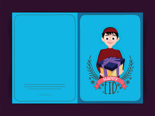 Eid Mubarak Celebration Concept With Cheerful Islamic Boy holding Gift Boxes On Blue Background Greeting Card