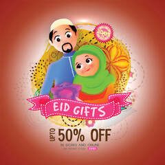 Eid Sale Poster, Save up to 50% Off with Illustration of beautiful Islamic Family.
