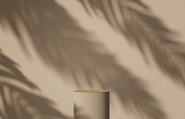 Fototapeta premium 3D background, pedestal podium on natural palm leaf shadow. Pastel beige backdrop. Tropical product promotion Beauty cosmetics display. Nude Studio Minimal showcase . Tropical 3D render advertisement.