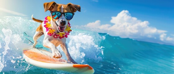 Naklejka premium jack russell dog surfing on a wave , on ocean sea on summer vacation holidays, with cool sunglasses and flower chain