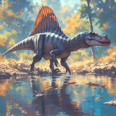 Spectacular Spinosaurus Embarks on an Epic Adventure in a Shallow River - obrazy, fototapety, plakaty