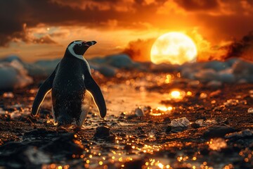 Penguin wandering through global warming scene, earth hot and on fire, stark visual message, impactful and dire - obrazy, fototapety, plakaty
