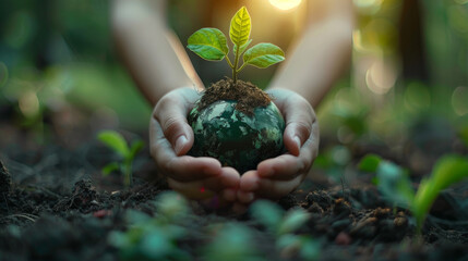 Corporate Social Responsibility (CSR), Hands cradling a small globe with a plant sprouting on top, symbolizing environmental care and sustainability. 