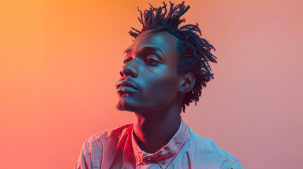 A young man with dreadlocks gazes thoughtfully to the side against a dual-toned orange and blue background