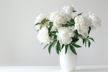 Fototapeta na wymiar White peonies in white vase on table. White vase is overflowing with an abundance of pristine white flowers. The delicate petals and green stems create a beautiful arrangement inside the vase.