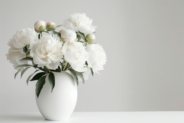 Fototapeta na wymiar Tender photo of white peonies and buds in white vase on white background. Space for copyspace