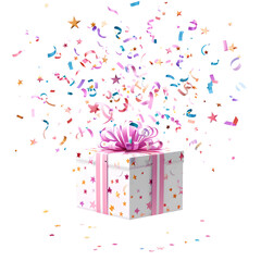 3d Cute Surprise Gift Box With Falling Confetti. Birthday surprise. Decorative festive object. Celebration present with stars and ribbon.